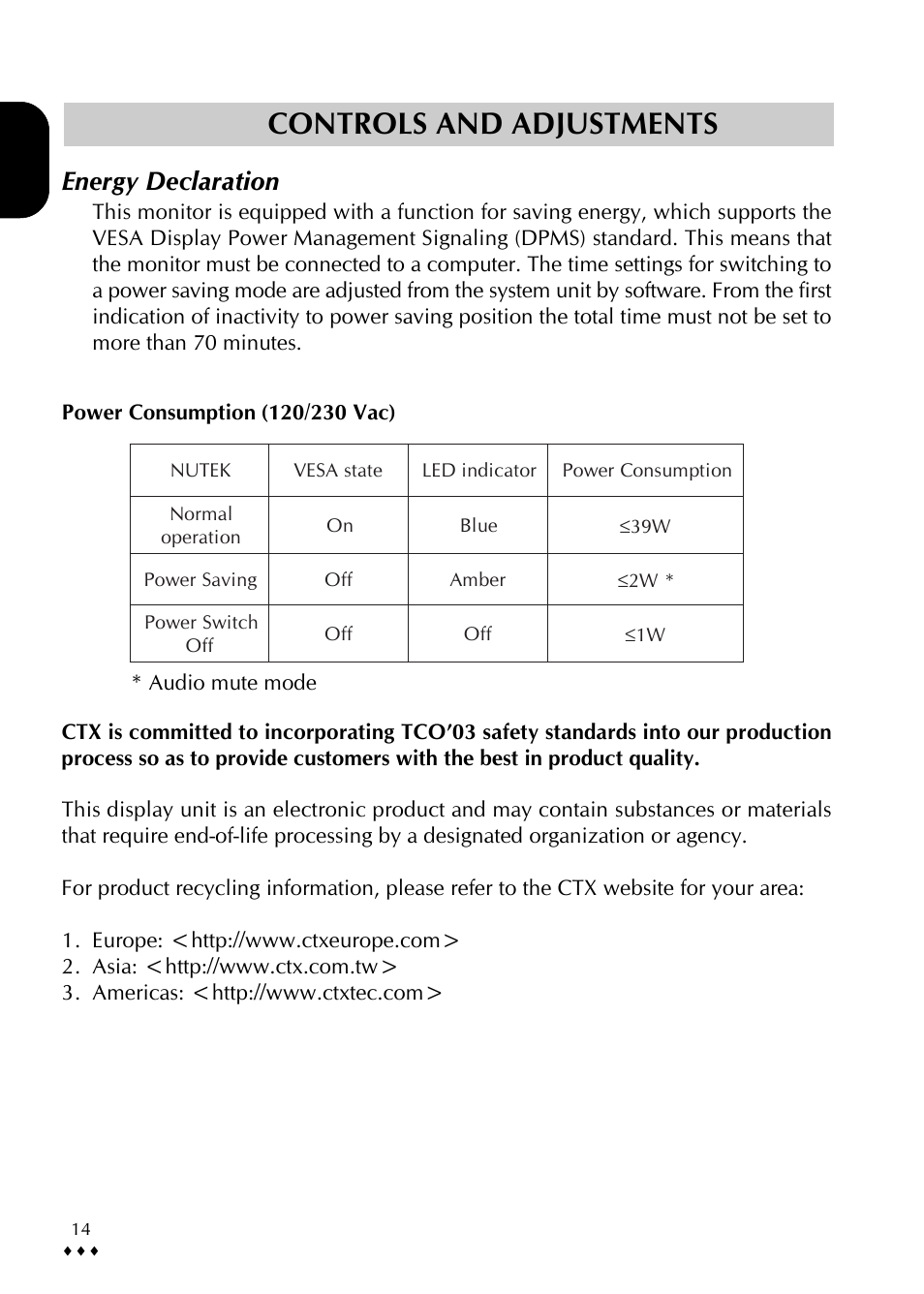 Controls and adjustments, Energy declaration | CTX p772L User Manual | Page 17 / 20