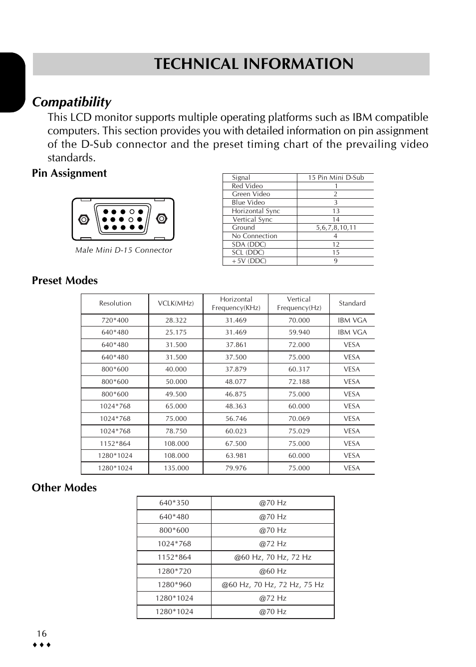 Technical information, Compatibility, Other modes preset modes | CTX p772L User Manual | Page 19 / 20