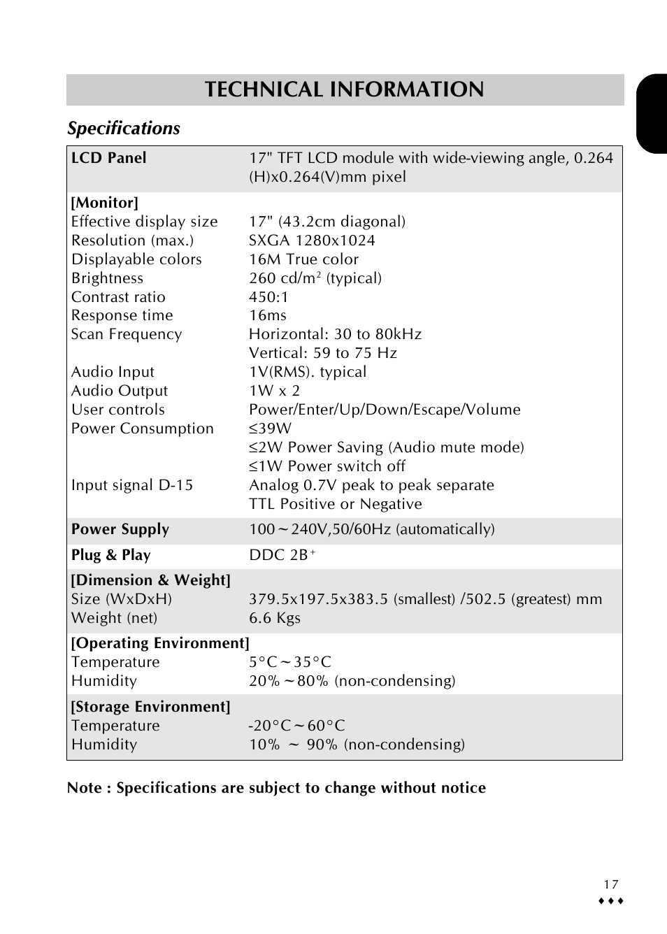 Technical information, Specifications | CTX p772L User Manual | Page 20 / 20