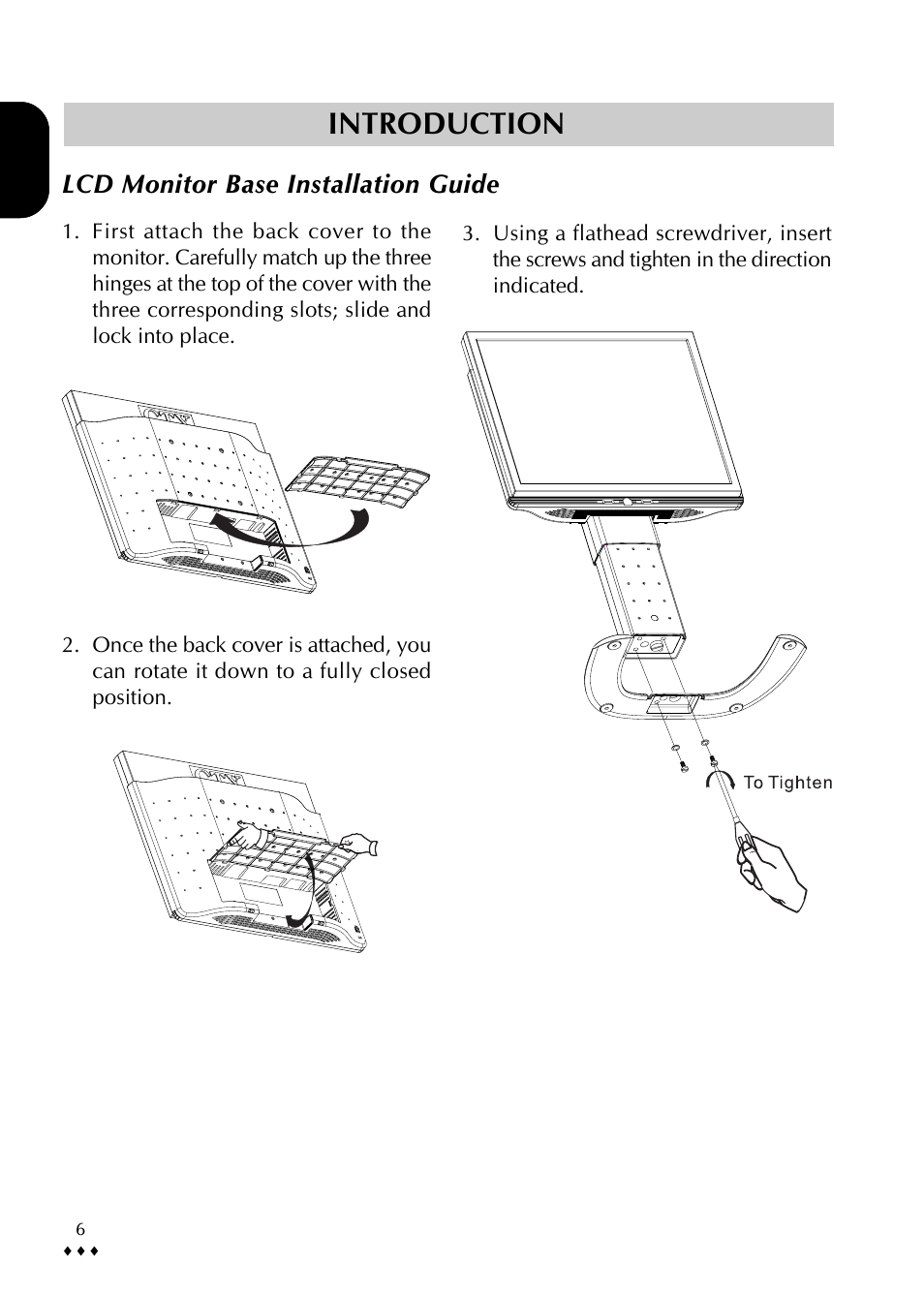 Introduction, Lcd monitor base installation guide | CTX p772L User Manual | Page 9 / 20