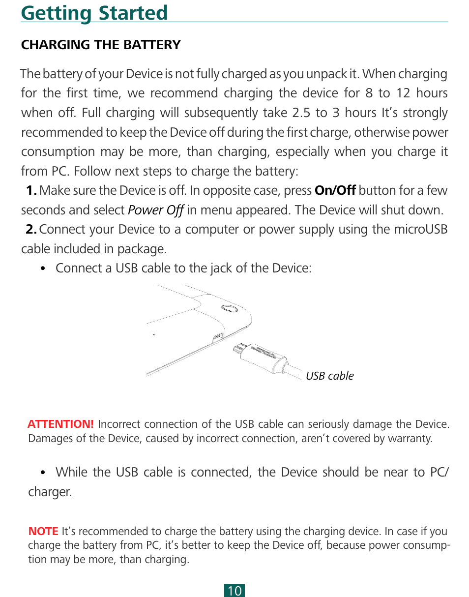 Getting started, Charging the battery | PocketBook SURFpad 3 (7,85") User Manual | Page 10 / 49