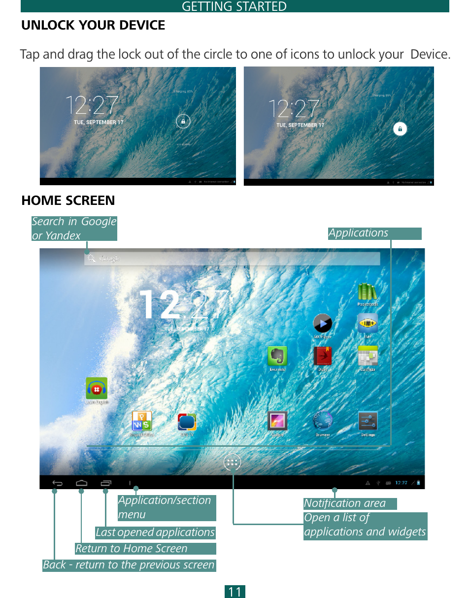 Unlock your device, Home screen | PocketBook SURFpad 3 (7,85") User Manual | Page 11 / 49