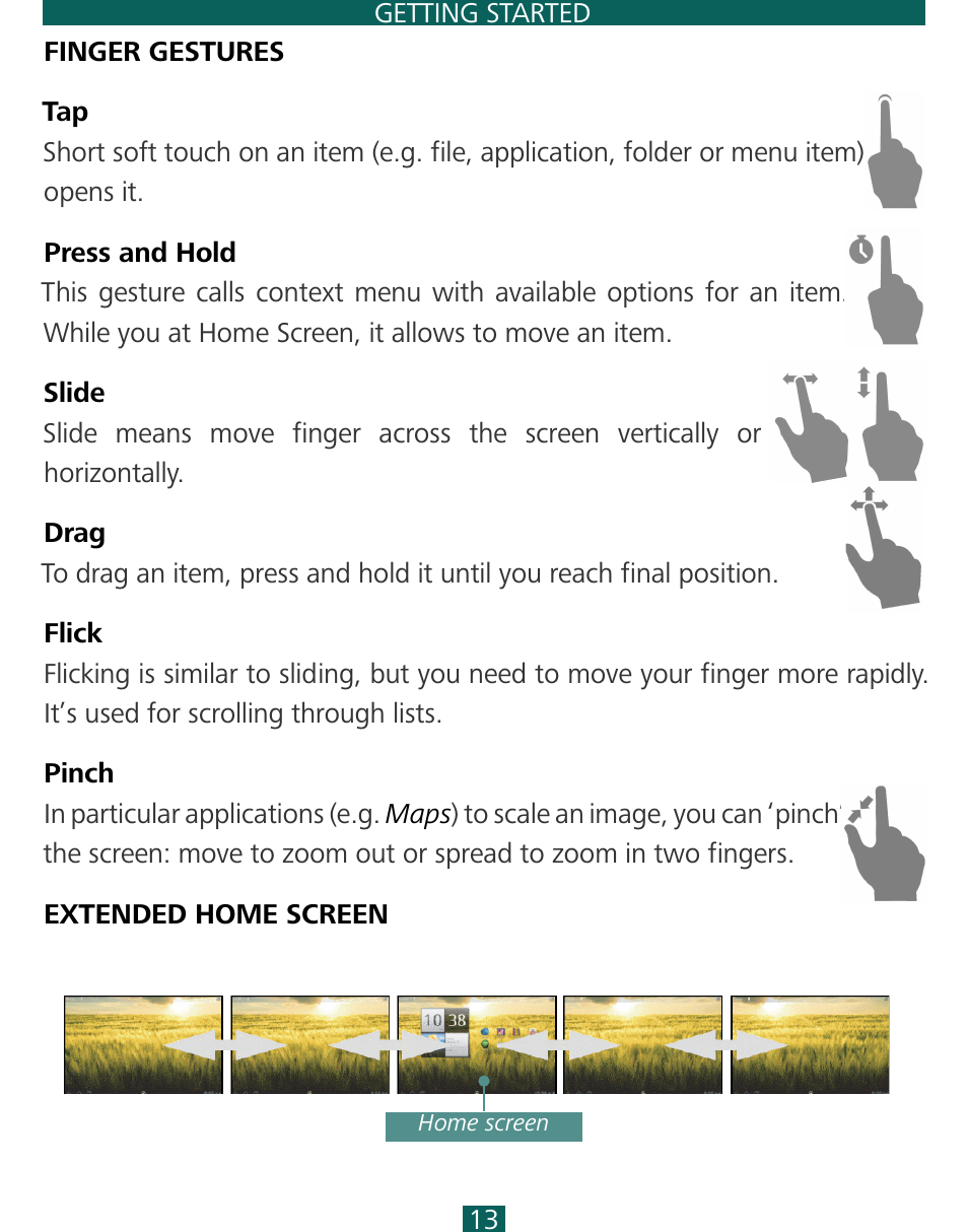 Finger gestures, Extended home screen | PocketBook SURFpad 3 (7,85") User Manual | Page 13 / 49