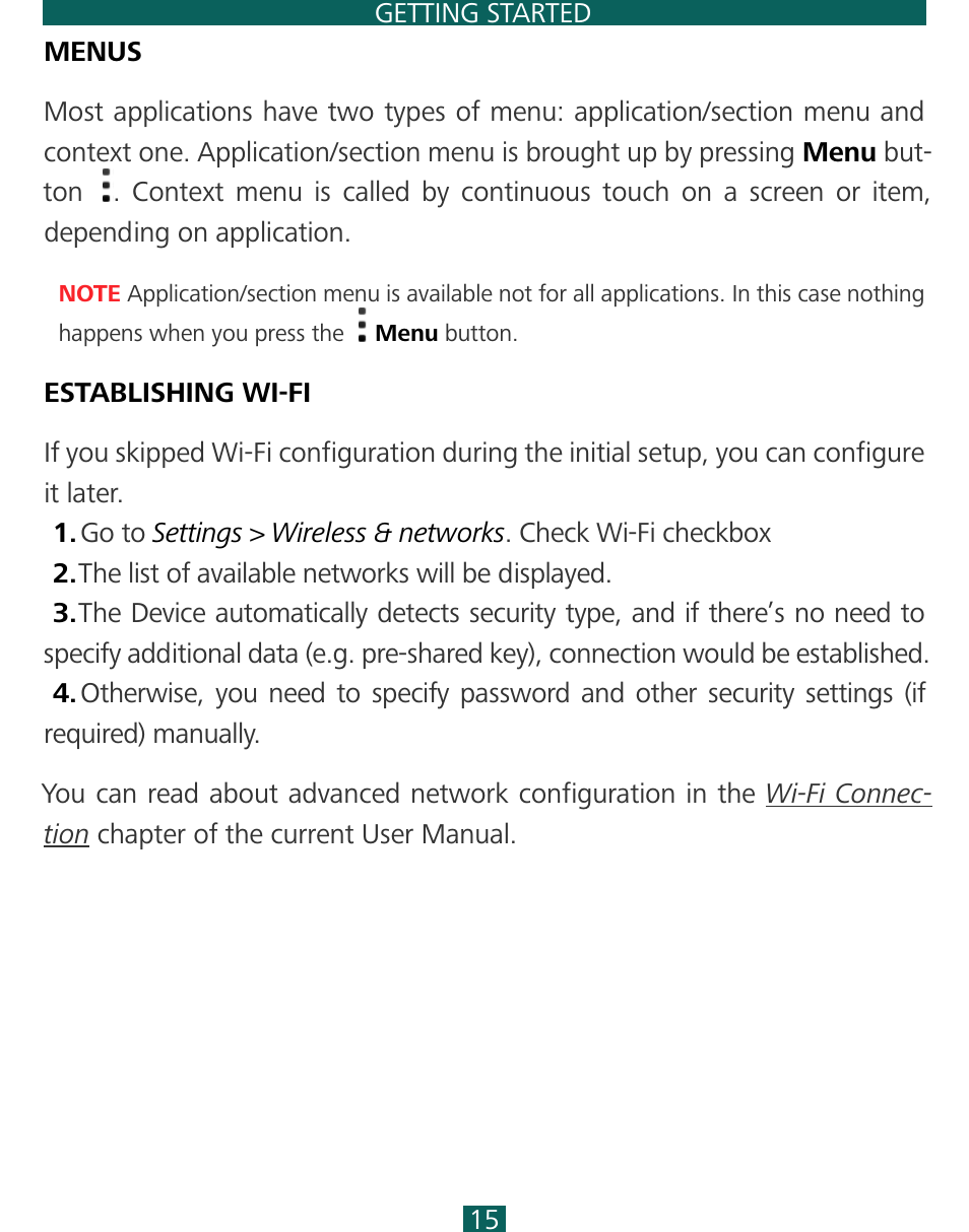 Menus, Establishing wi-fi, Menus 15 establishing wi-fi | PocketBook SURFpad 3 (7,85") User Manual | Page 15 / 49
