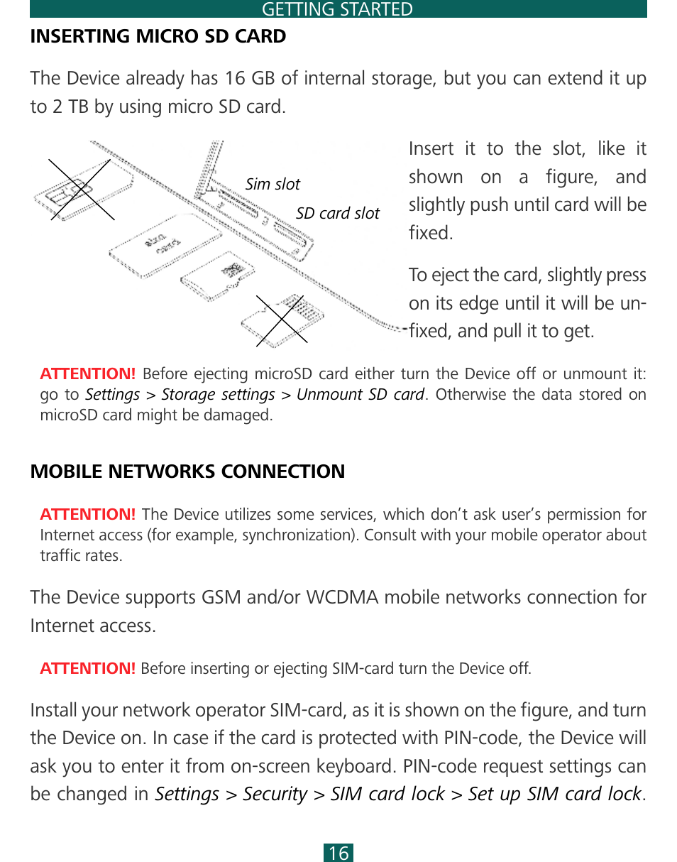 Inserting micro sd card, Mobile networks connection, Goback | PocketBook SURFpad 3 (7,85") User Manual | Page 16 / 49