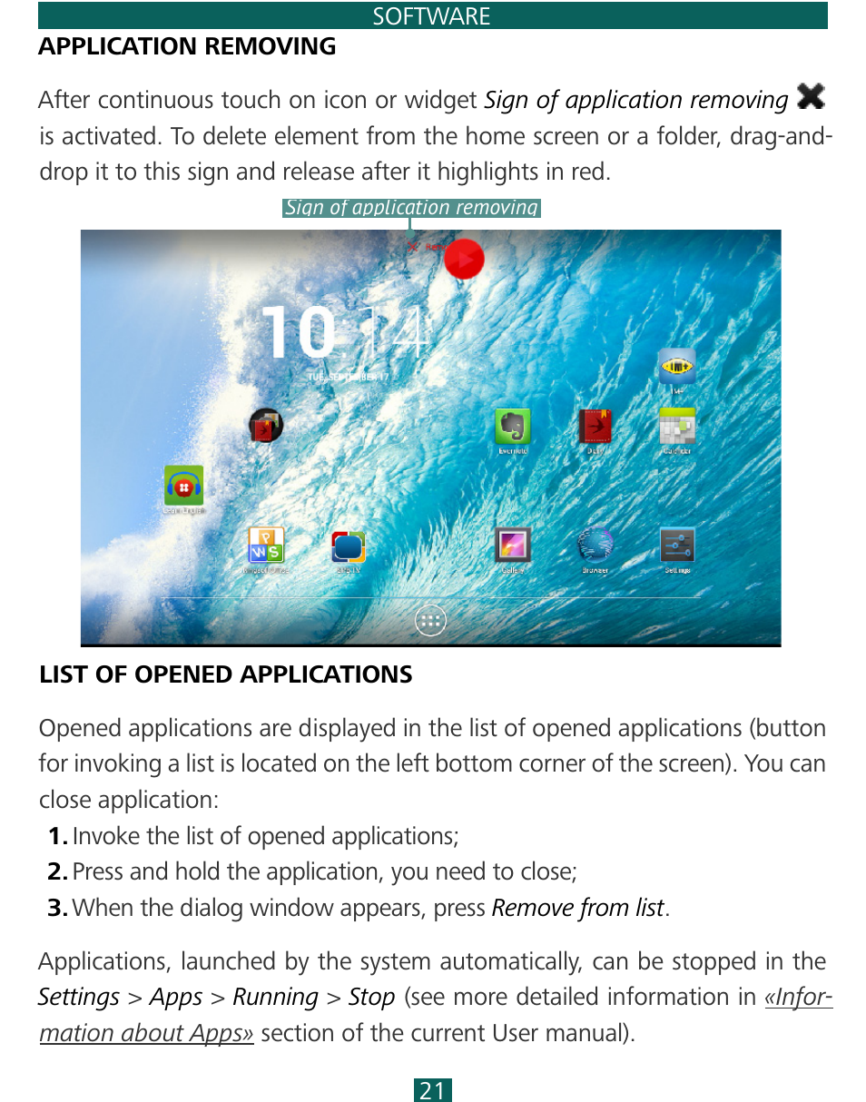 Application removing, List of opened applications | PocketBook SURFpad 3 (7,85") User Manual | Page 21 / 49