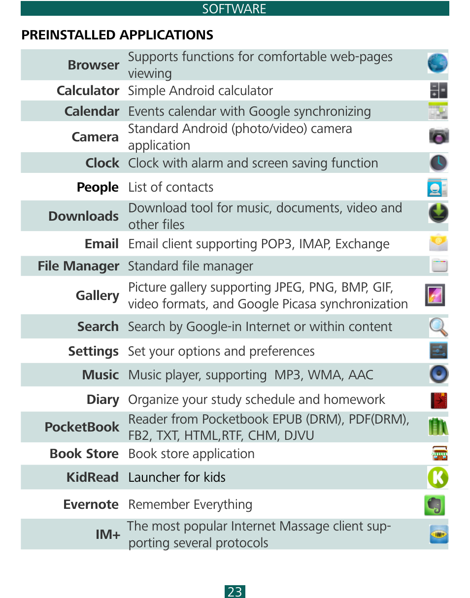 Preinstalled applications | PocketBook SURFpad 3 (7,85") User Manual | Page 23 / 49