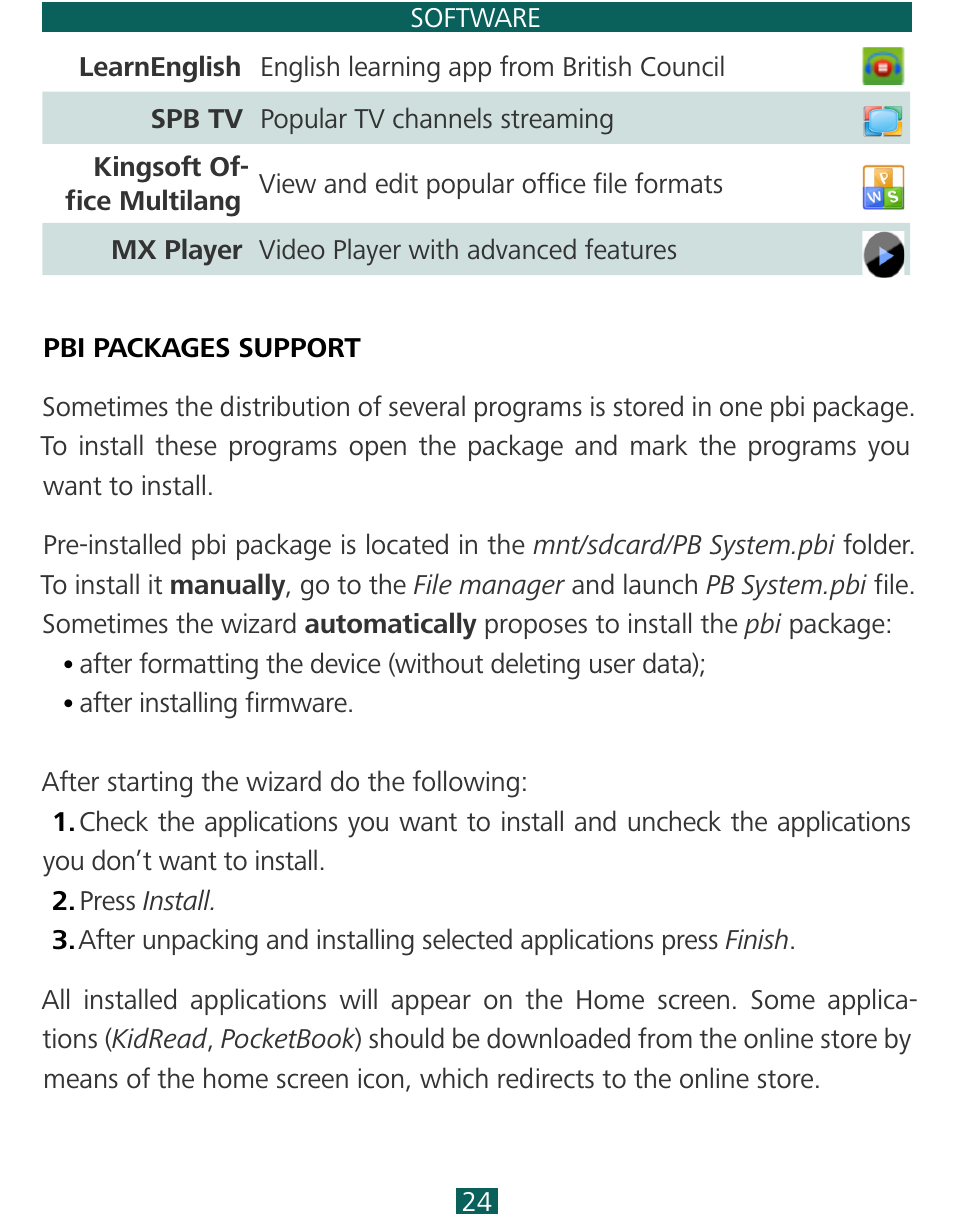 Pbi packages support | PocketBook SURFpad 3 (7,85") User Manual | Page 24 / 49