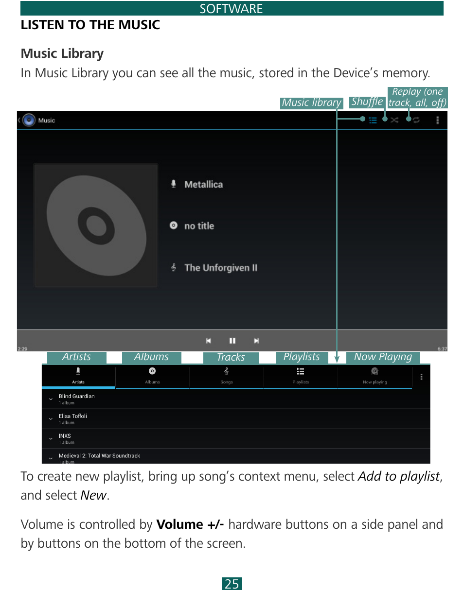 Listen to the music, Music library | PocketBook SURFpad 3 (7,85") User Manual | Page 25 / 49