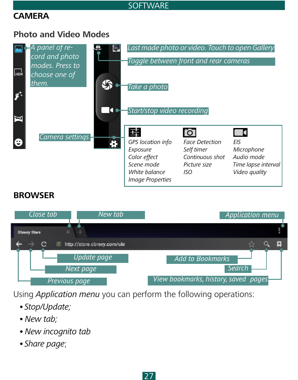 Camera, Photo and video modes, Browser | Camera 27, Browser 27 | PocketBook SURFpad 3 (7,85") User Manual | Page 27 / 49