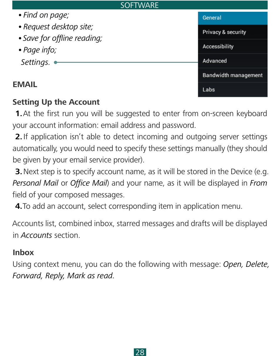 Email, Setting up the account, Inbox | Email 28, Inbox 28 | PocketBook SURFpad 3 (7,85") User Manual | Page 28 / 49