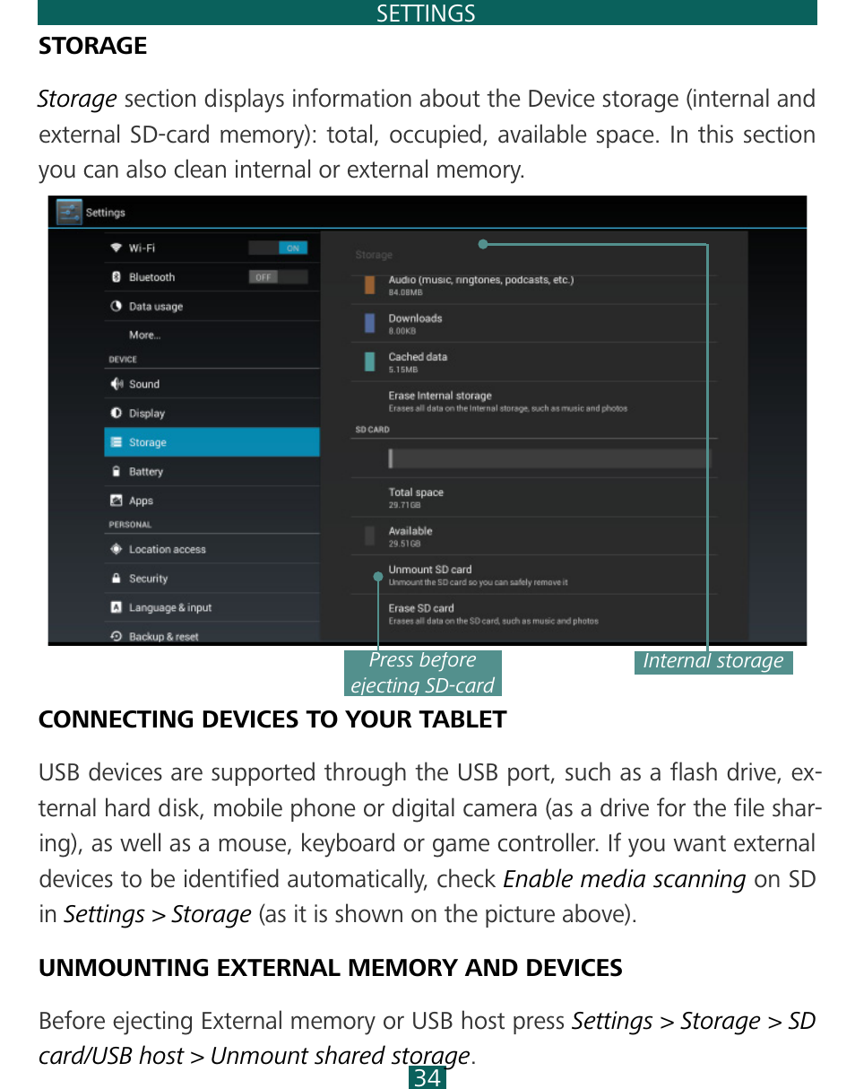 Storage, Connecting devices to your tablet, Unmounting external memory and devices | Goback, Storage 34 | PocketBook SURFpad 3 (7,85") User Manual | Page 34 / 49