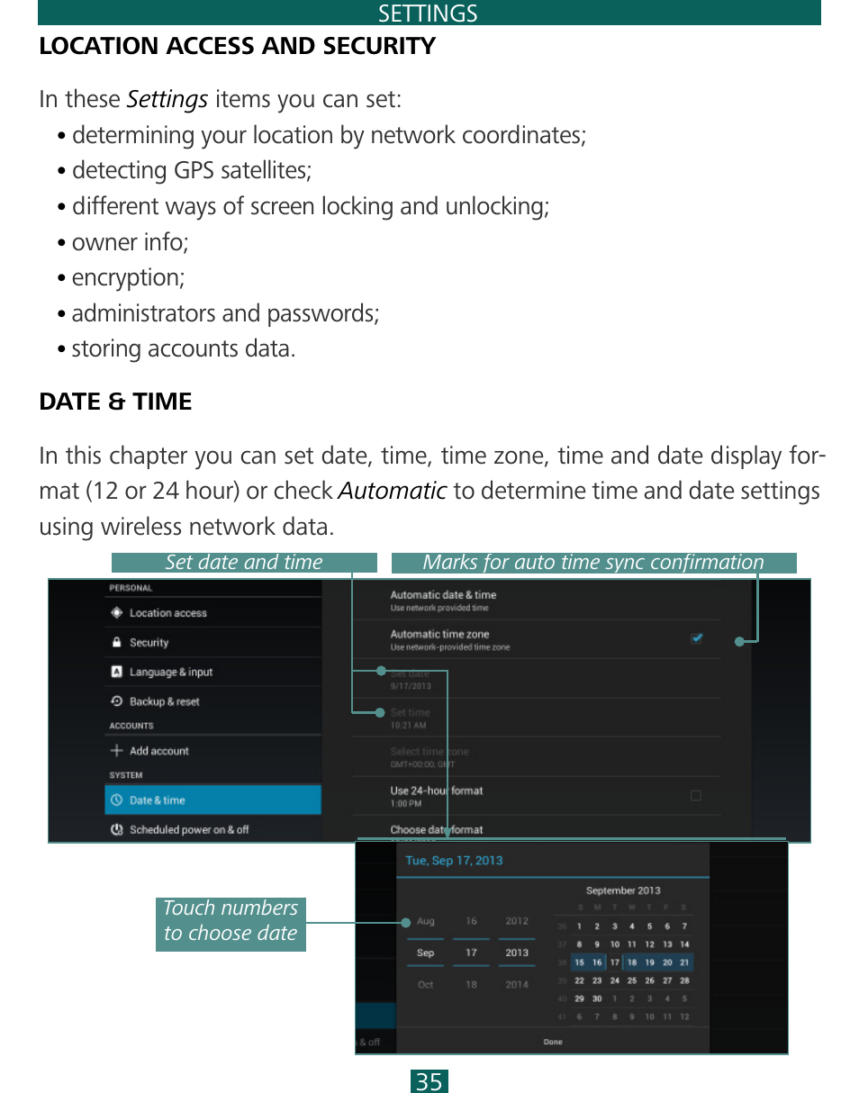 Location access and security, Date & time | PocketBook SURFpad 3 (7,85") User Manual | Page 35 / 49