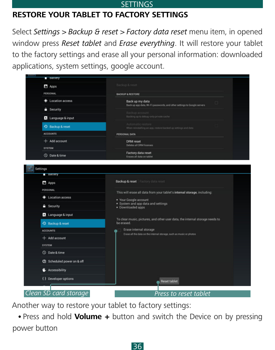 Restore your tablet to factory settings | PocketBook SURFpad 3 (7,85") User Manual | Page 36 / 49