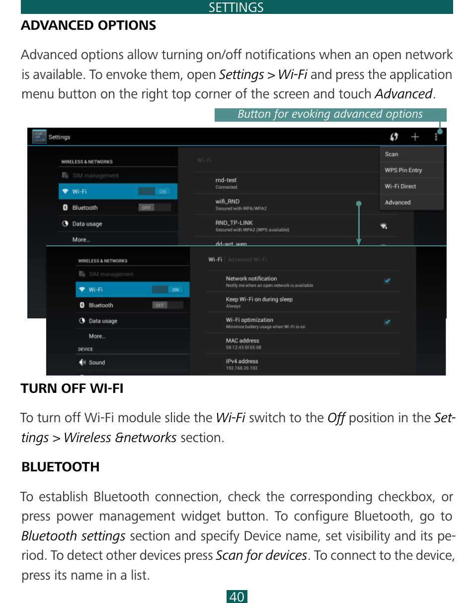 Advanced options, Turn off wi-fi, Bluetooth | Goback, Bluetooth 40 | PocketBook SURFpad 3 (7,85") User Manual | Page 40 / 49