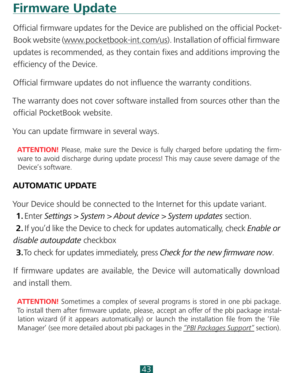 Firmware update, Automatic update | PocketBook SURFpad 3 (7,85") User Manual | Page 43 / 49