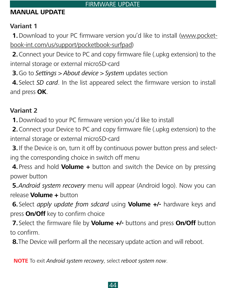 Manual update, Goback | PocketBook SURFpad 3 (7,85") User Manual | Page 44 / 49