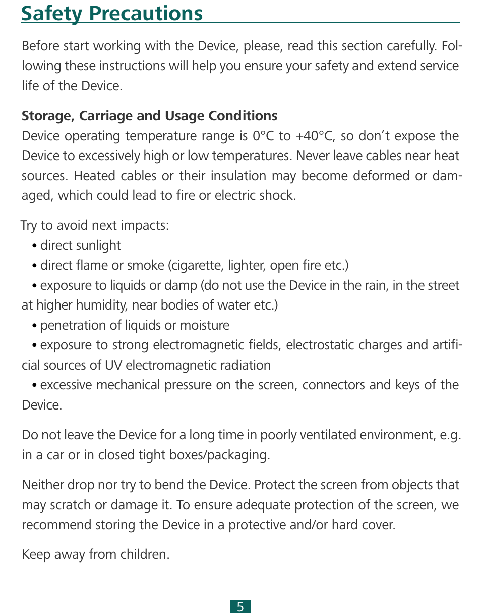 Safety precautions, Storage, carriage and usage conditions | PocketBook SURFpad 3 (7,85") User Manual | Page 5 / 49