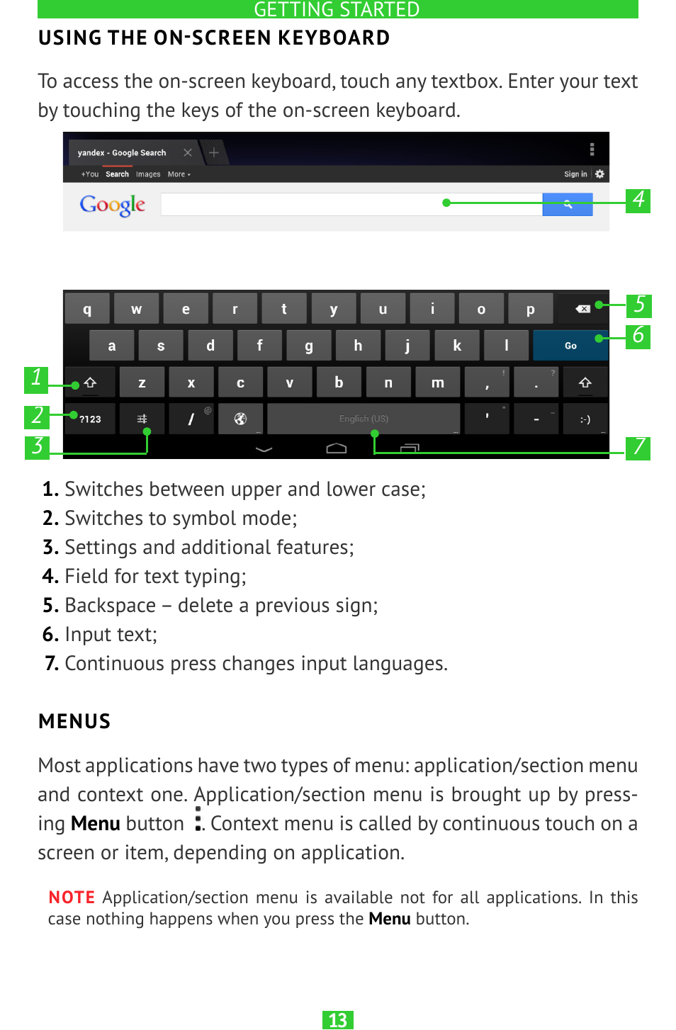 Using the on-screen keyboard, Menus, Menus 13 | PocketBook SURFpad 2 User Manual | Page 13 / 45
