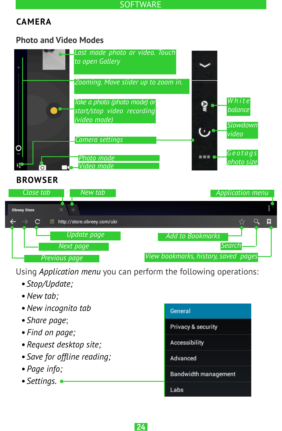 Camera, Photo and video modes, Browser | Camera 24, Browser 24 | PocketBook SURFpad 2 User Manual | Page 24 / 45