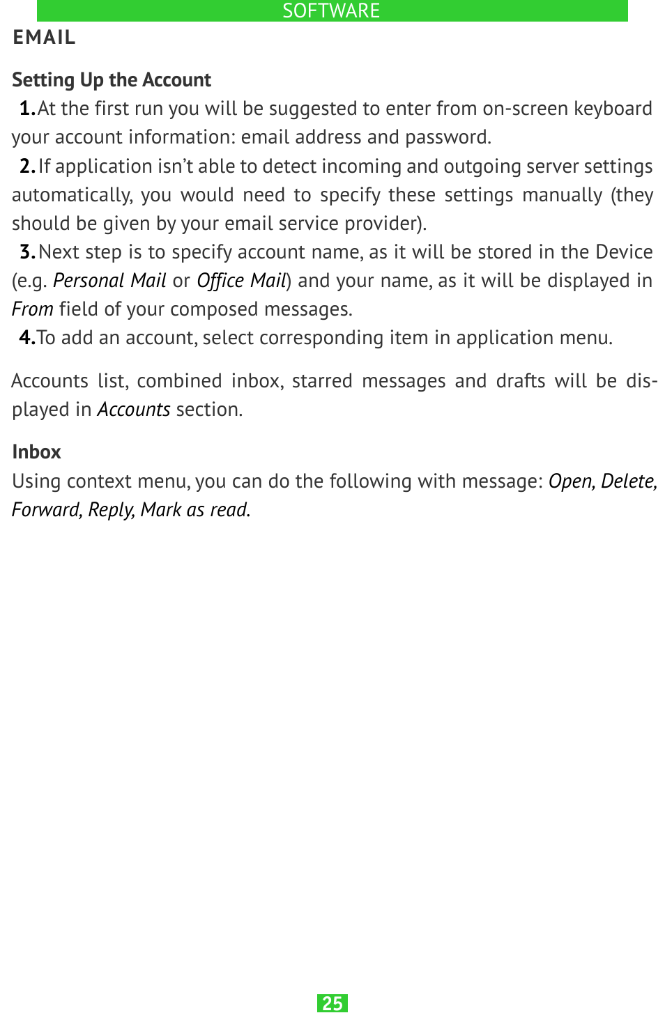 Email, Setting up the account, Inbox | Email 25, Inbox 25 | PocketBook SURFpad 2 User Manual | Page 25 / 45