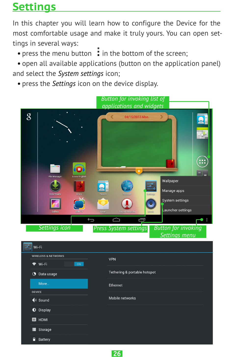 Settings, Settings 26 | PocketBook SURFpad 2 User Manual | Page 26 / 45