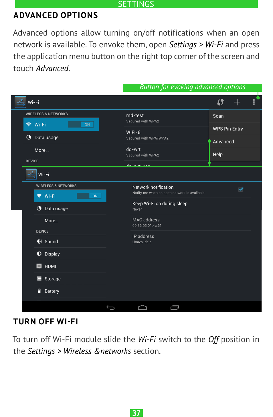 Advanced options, Turn off wi-fi | PocketBook SURFpad 2 User Manual | Page 37 / 45