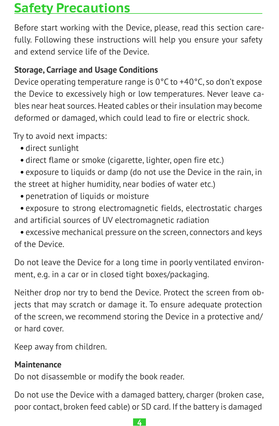 Safety precautions, Storage, carriage and usage conditions, Maintenance | Maintenance 4 | PocketBook SURFpad 2 User Manual | Page 4 / 45