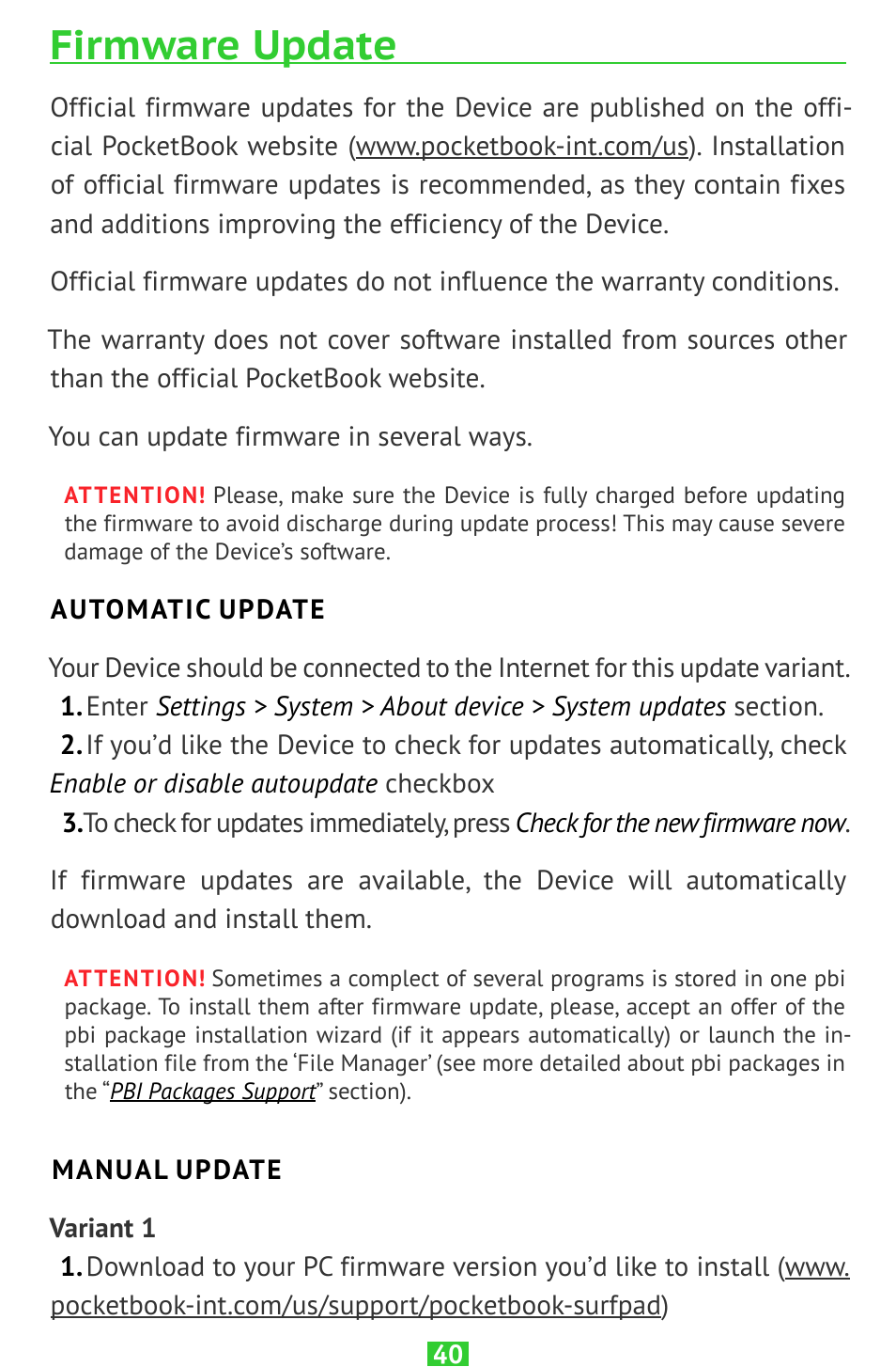 Firmware update, Automatic update, Manual update | PocketBook SURFpad 2 User Manual | Page 40 / 45