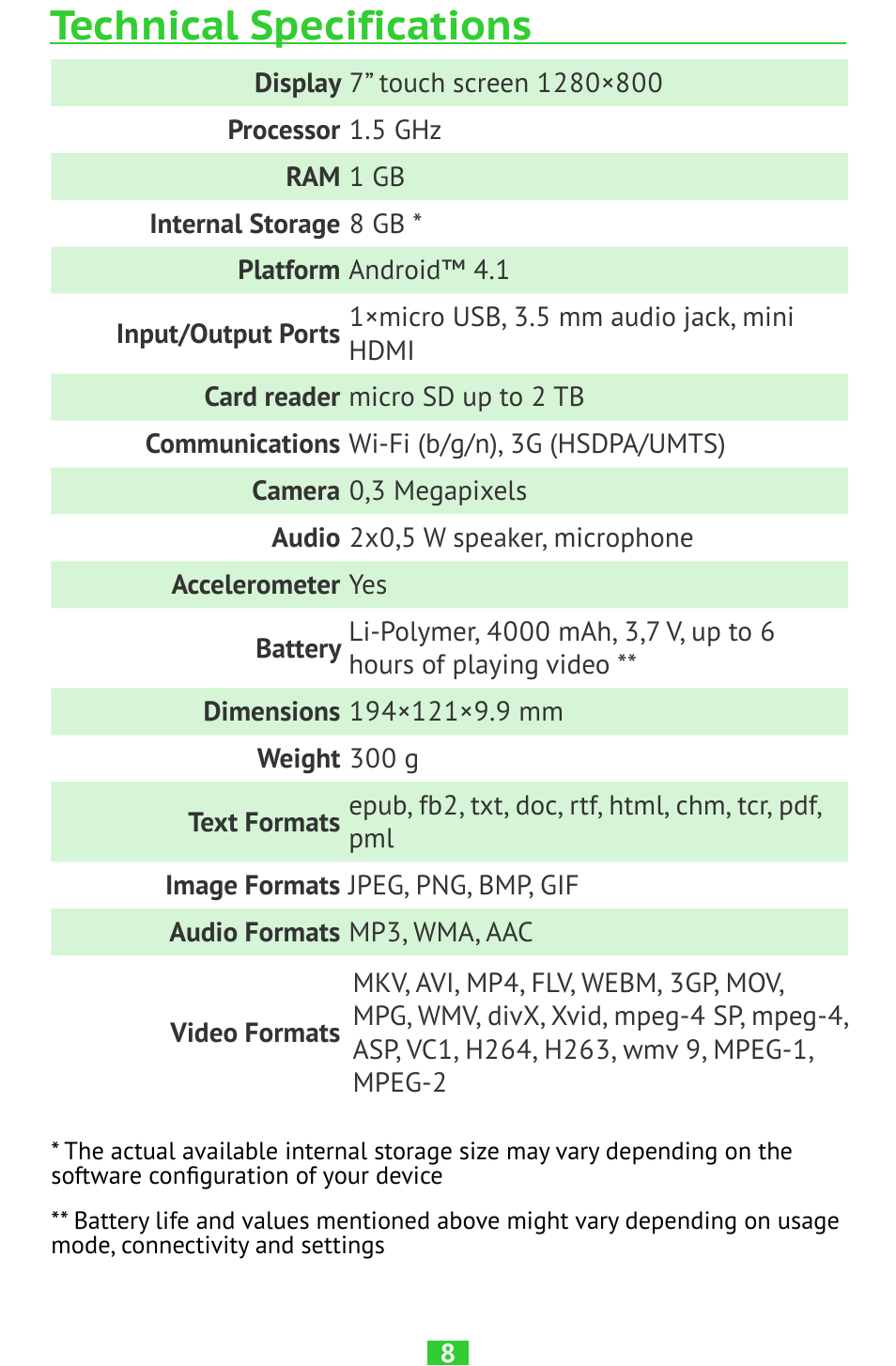 Technical specifications | PocketBook SURFpad 2 User Manual | Page 8 / 45