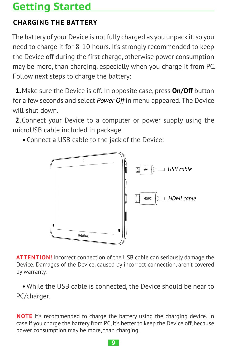 Getting started, Charging the battery | PocketBook SURFpad 2 User Manual | Page 9 / 45