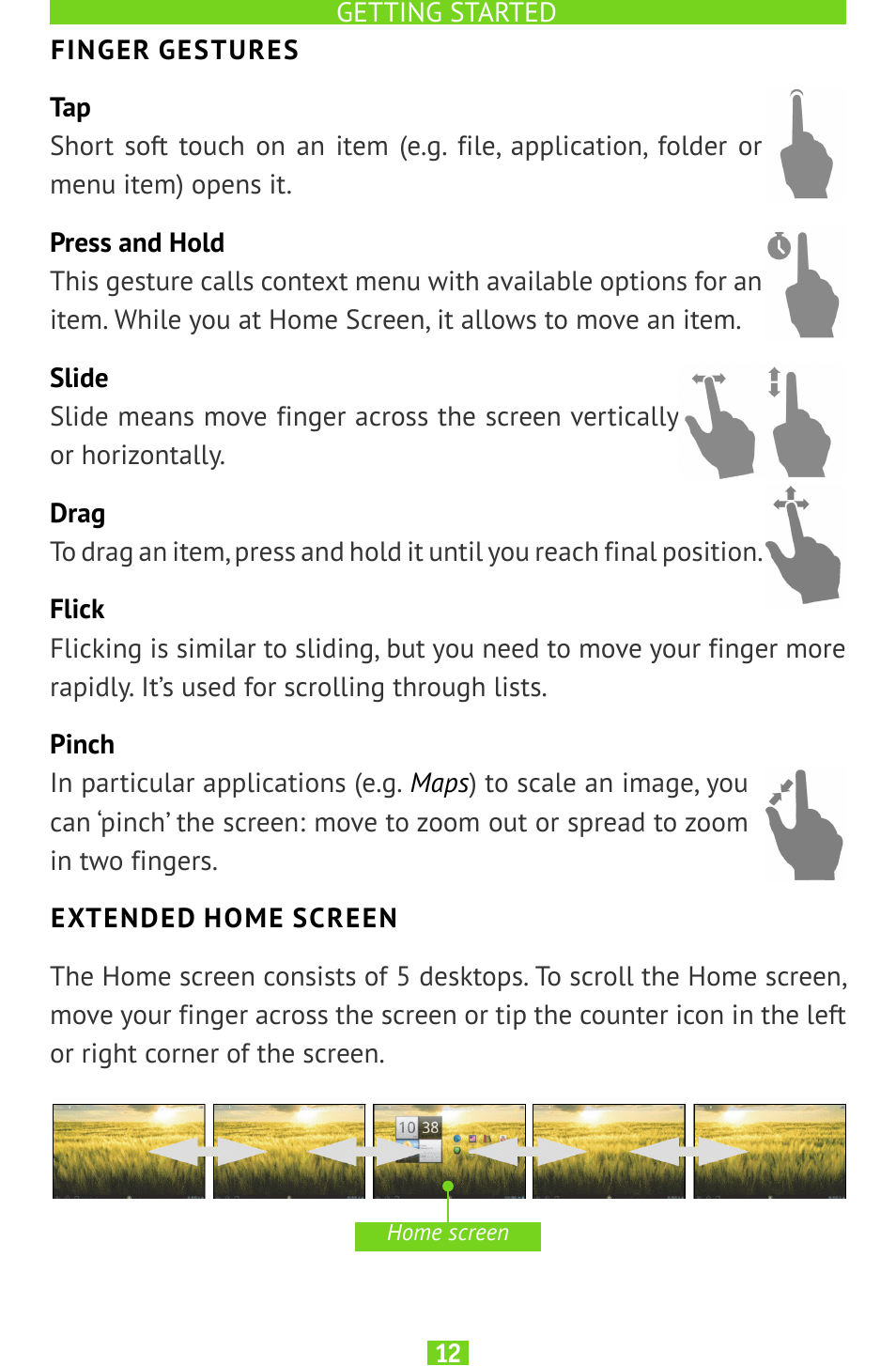 Finger gestures, Extended home screen | PocketBook SURFpad U7 User Manual | Page 12 / 46