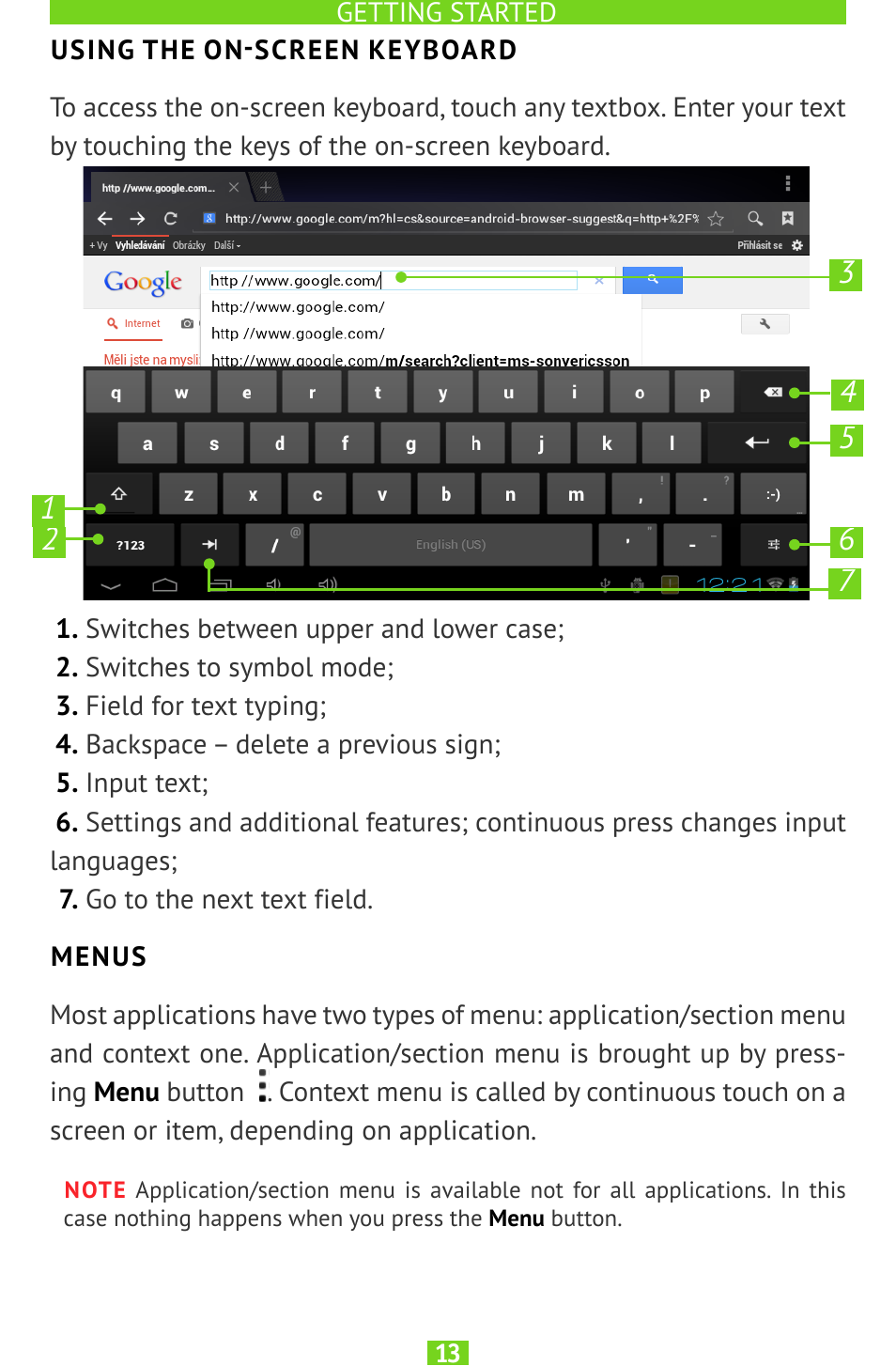 Using the on-screen keyboard, Menus, Menus 13 | PocketBook SURFpad U7 User Manual | Page 13 / 46