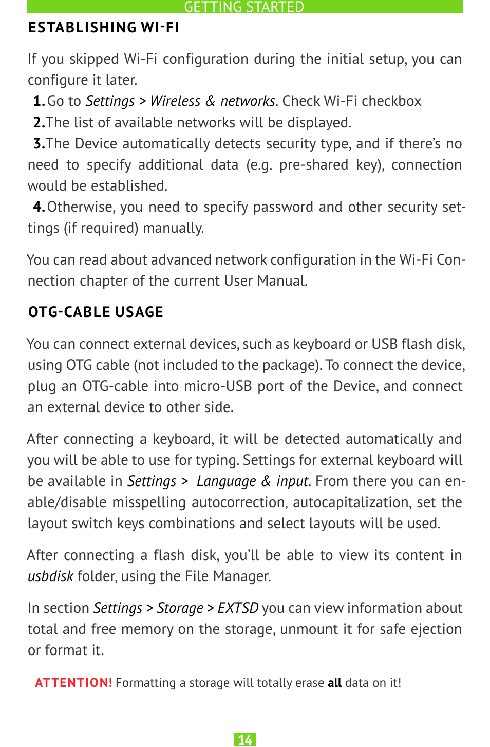 Establishing wi-fi, Otg-cable usage | PocketBook SURFpad U7 User Manual | Page 14 / 46