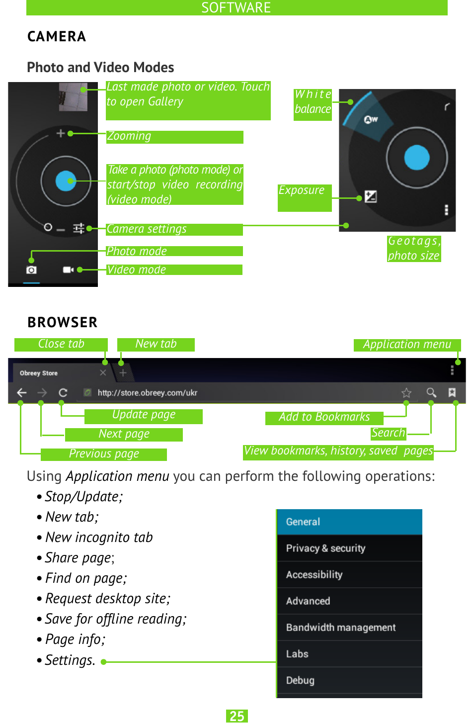 Camera, Photo and video modes, Browser | Camera 25, Browser 25 | PocketBook SURFpad U7 User Manual | Page 25 / 46