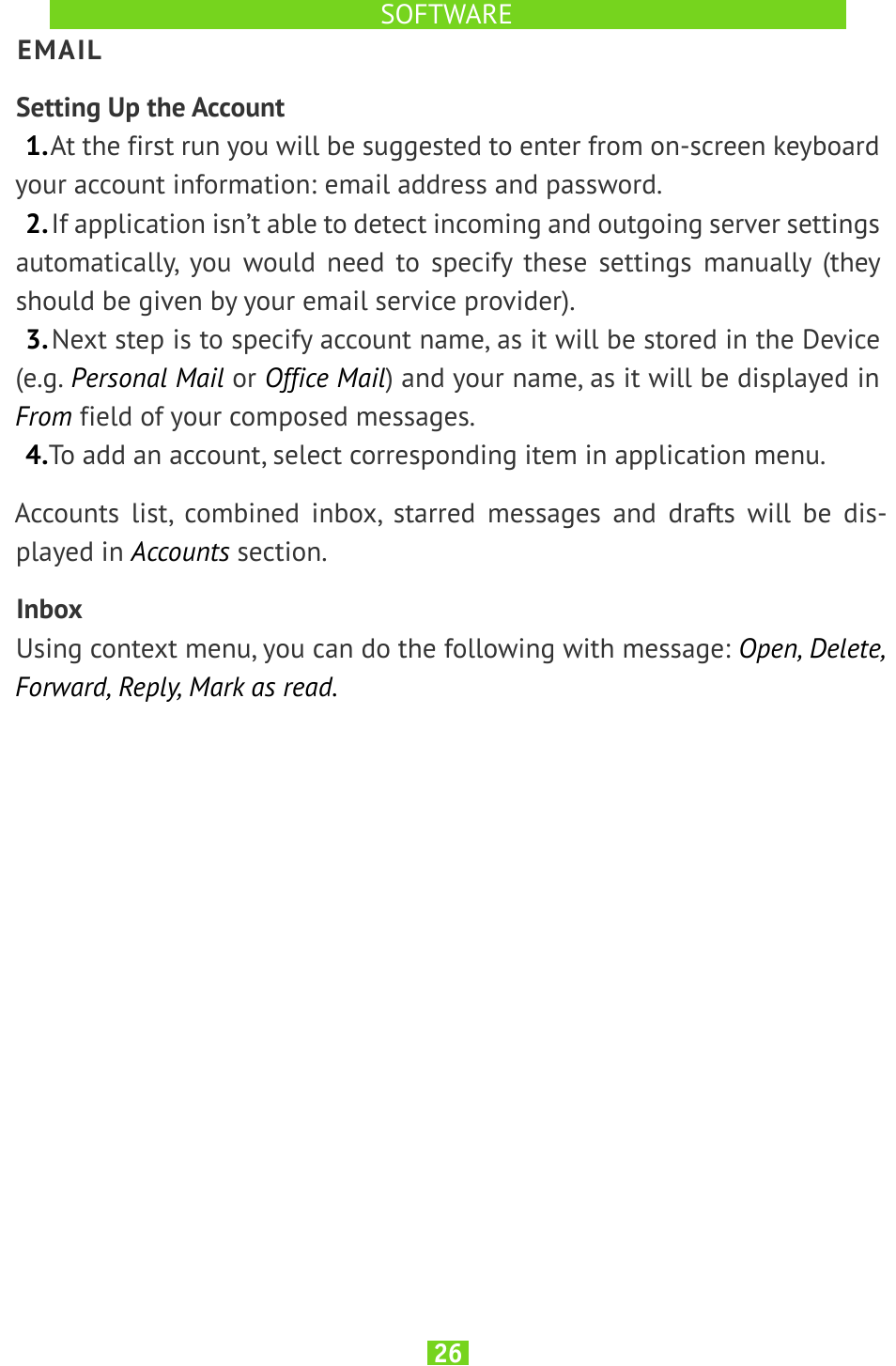 Email, Setting up the account, Inbox | Email 26, Inbox 26 | PocketBook SURFpad U7 User Manual | Page 26 / 46