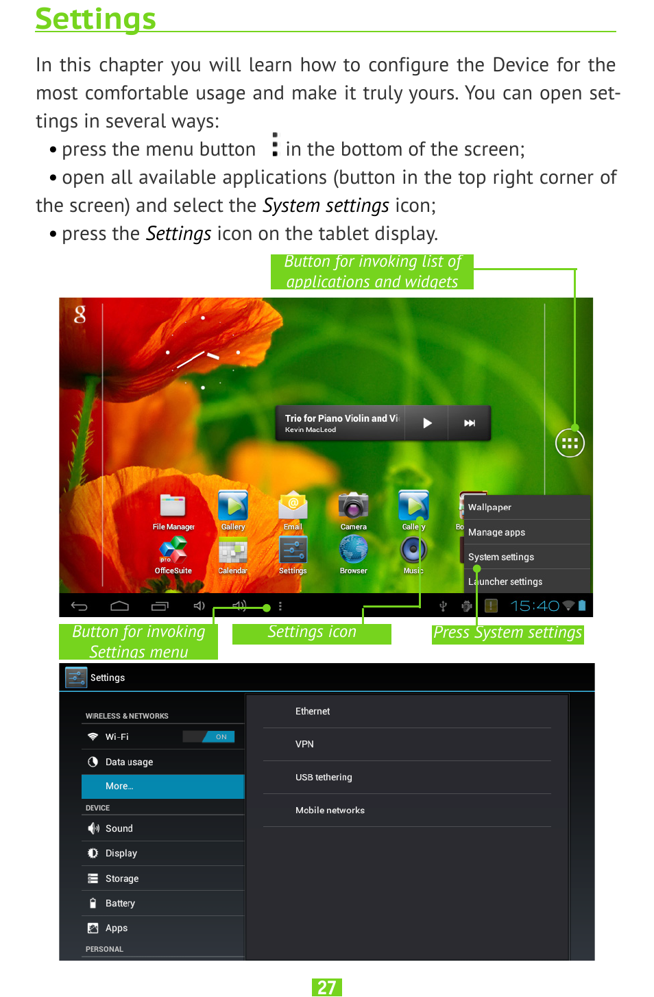 Settings, Settings 27 | PocketBook SURFpad U7 User Manual | Page 27 / 46