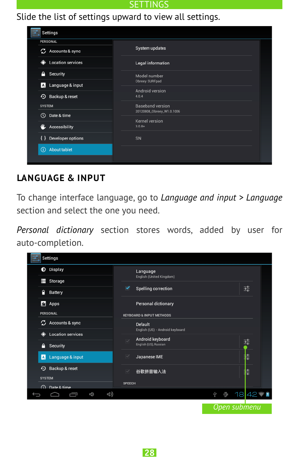 Language & input | PocketBook SURFpad U7 User Manual | Page 28 / 46