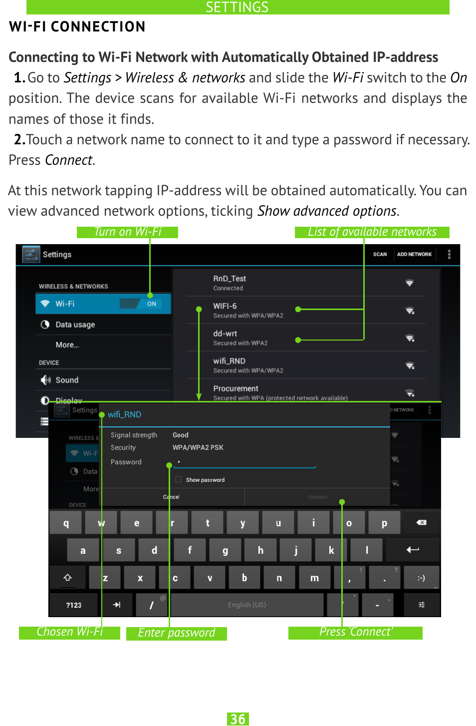 Wi-fi connection, Connecting to wi-fi network with, Automatically obtained ip-address | PocketBook SURFpad U7 User Manual | Page 36 / 46