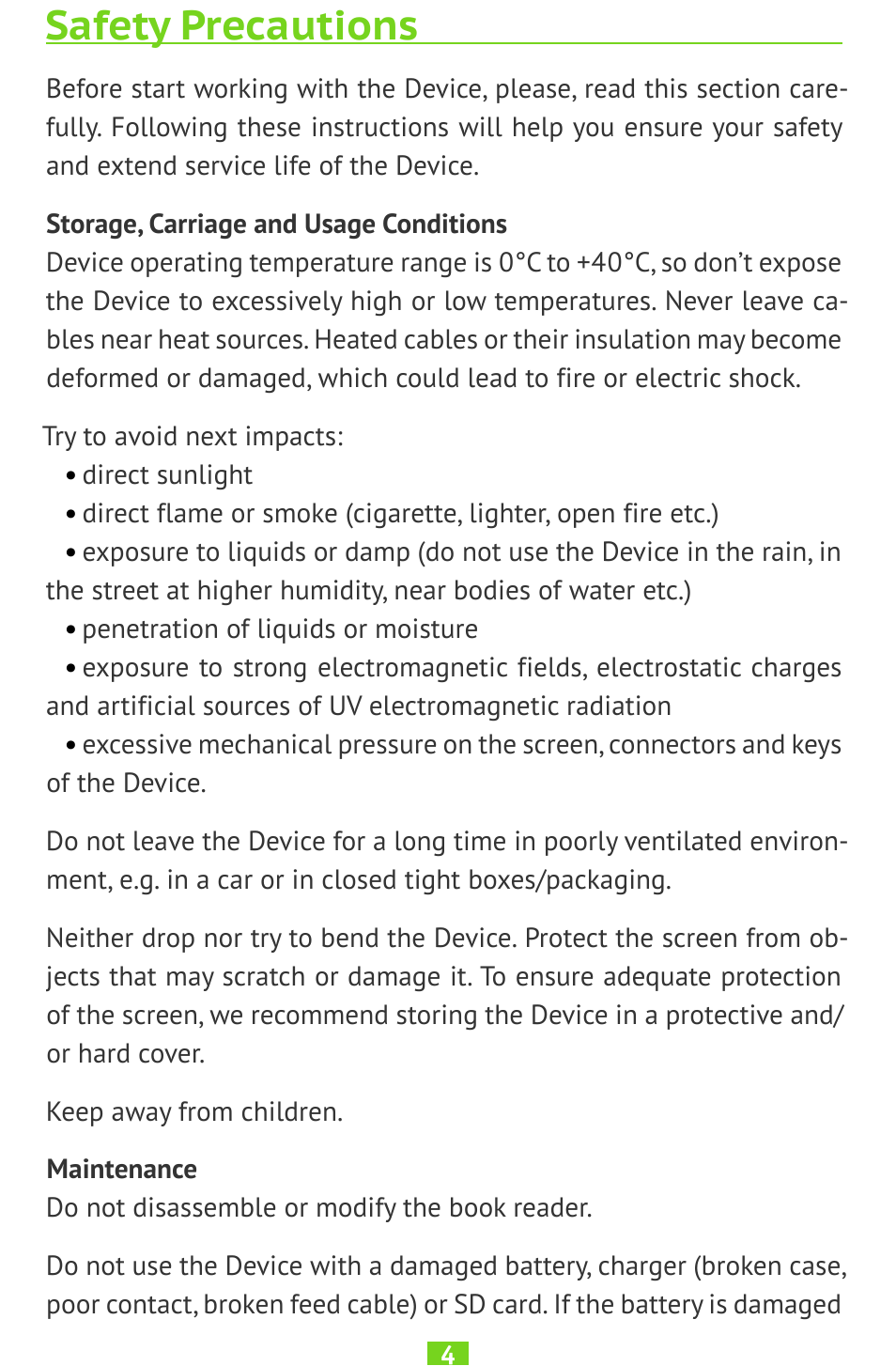 Safety precautions, Storage, carriage and usage conditions, Maintenance | Maintenance 4 | PocketBook SURFpad U7 User Manual | Page 4 / 46