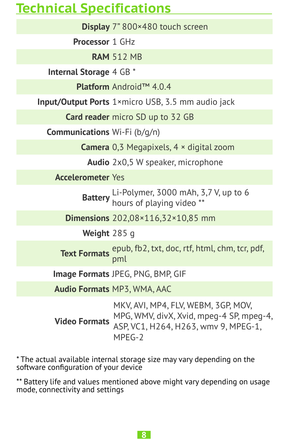 Technical specifications | PocketBook SURFpad U7 User Manual | Page 8 / 46