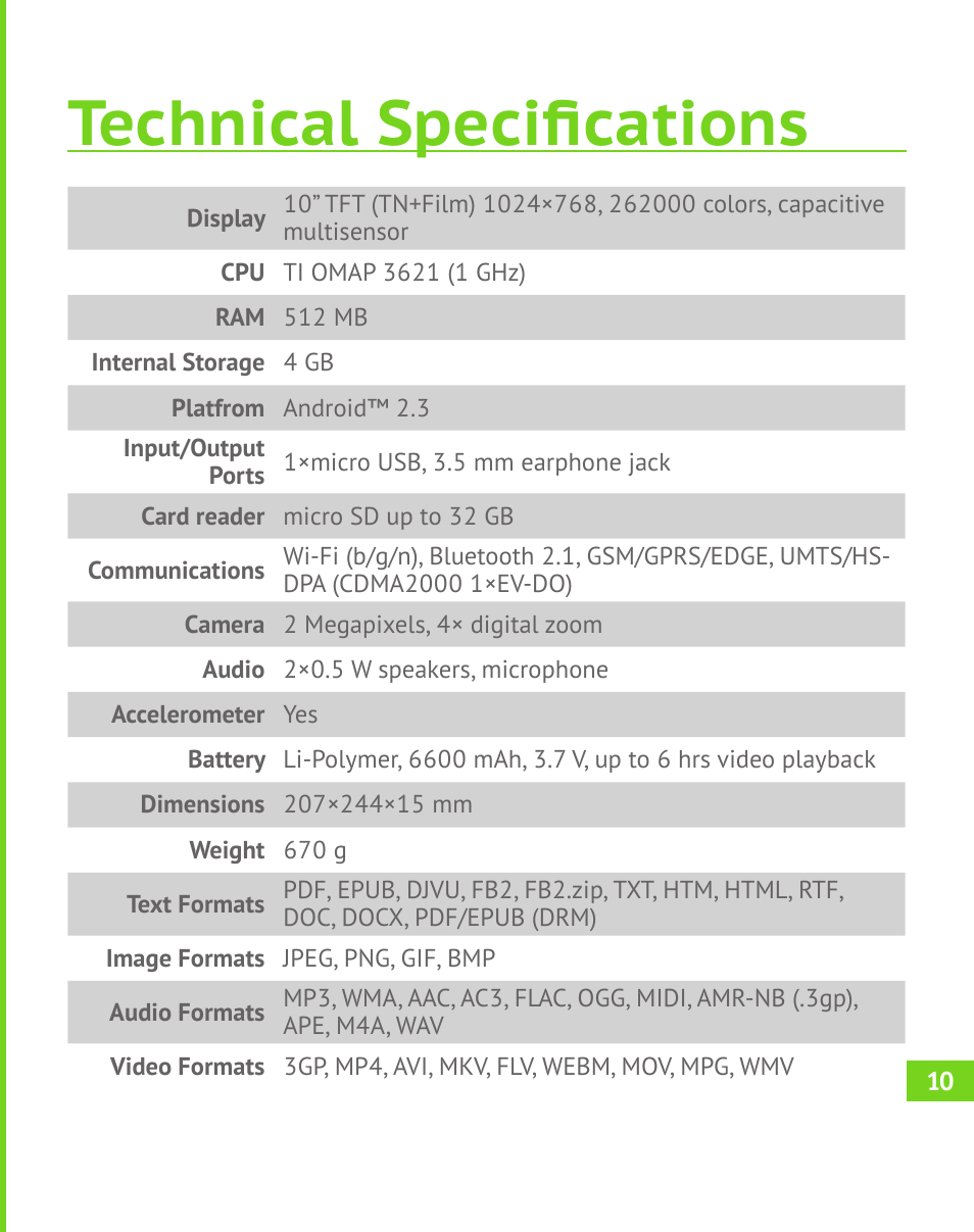 Technical specifications | PocketBook A 10 User Manual | Page 11 / 83
