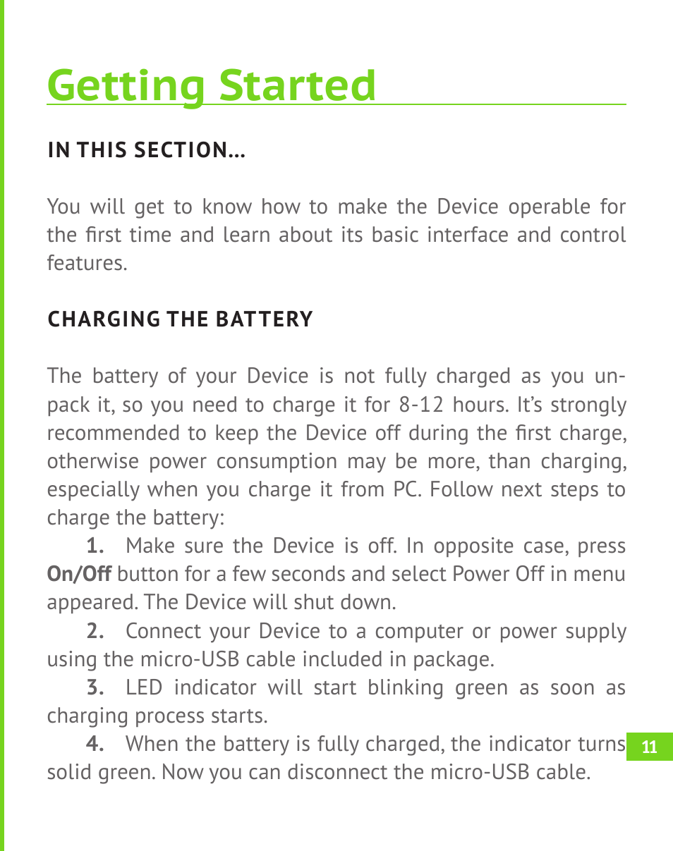 Getting started, Charging the battery | PocketBook A 10 User Manual | Page 12 / 83