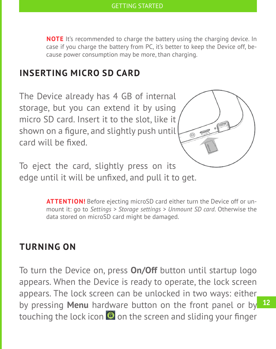 Inserting micro sd card, Turning on | PocketBook A 10 User Manual | Page 13 / 83