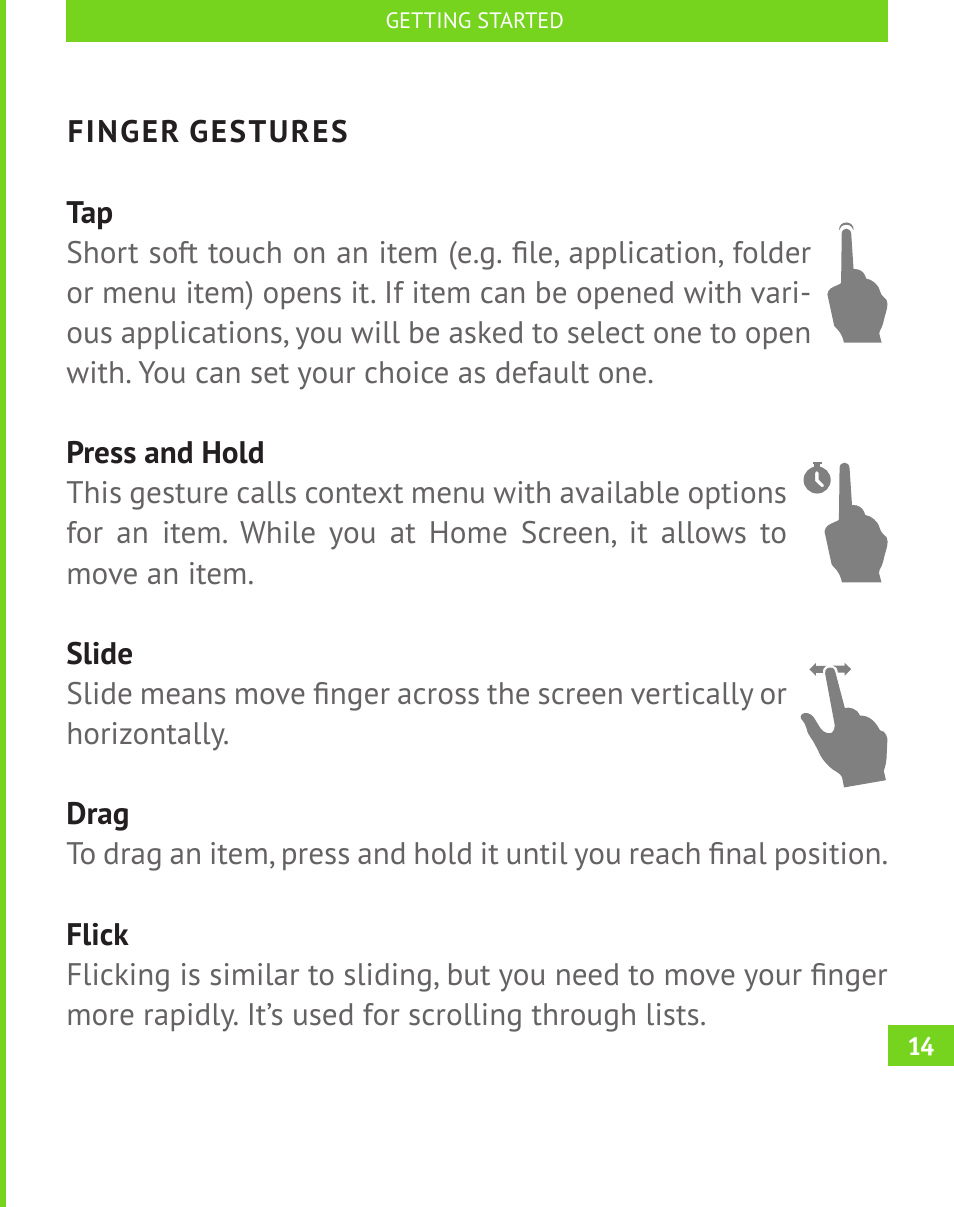 Finger gestures | PocketBook A 10 User Manual | Page 15 / 83