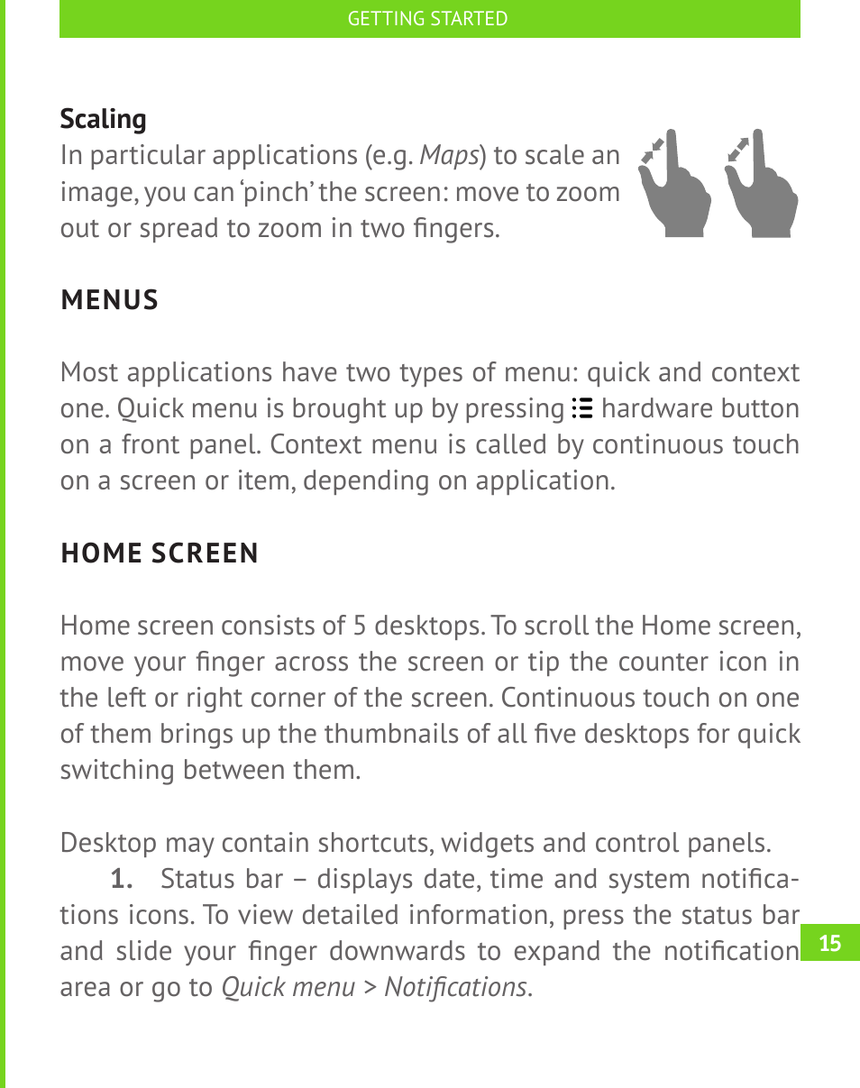 Menus, Home screen, Menus 15 | PocketBook A 10 User Manual | Page 16 / 83