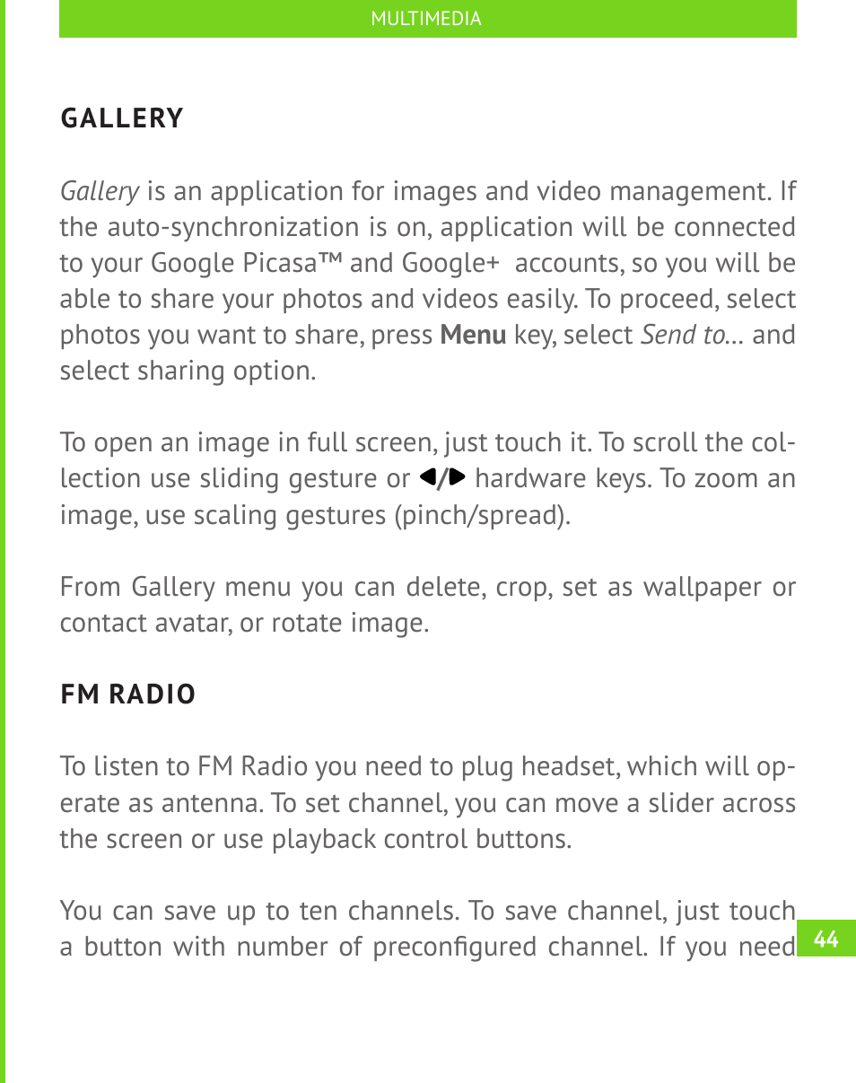 Gallery, Fm radio, Gallery 44 | PocketBook A 10 User Manual | Page 45 / 83