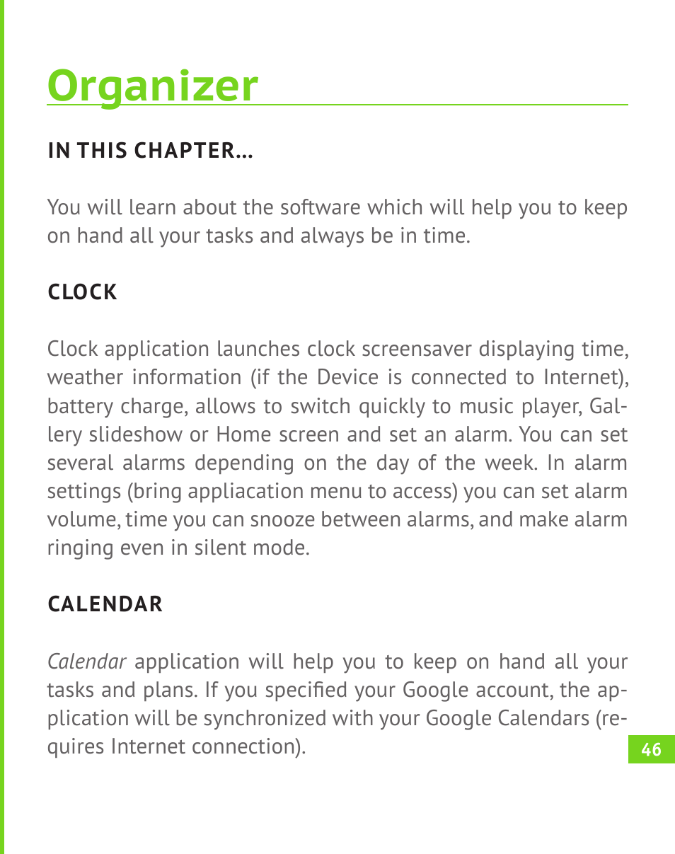 Organizer, Clock, Calendar | Clock 46, Calendar 46 | PocketBook A 10 User Manual | Page 47 / 83