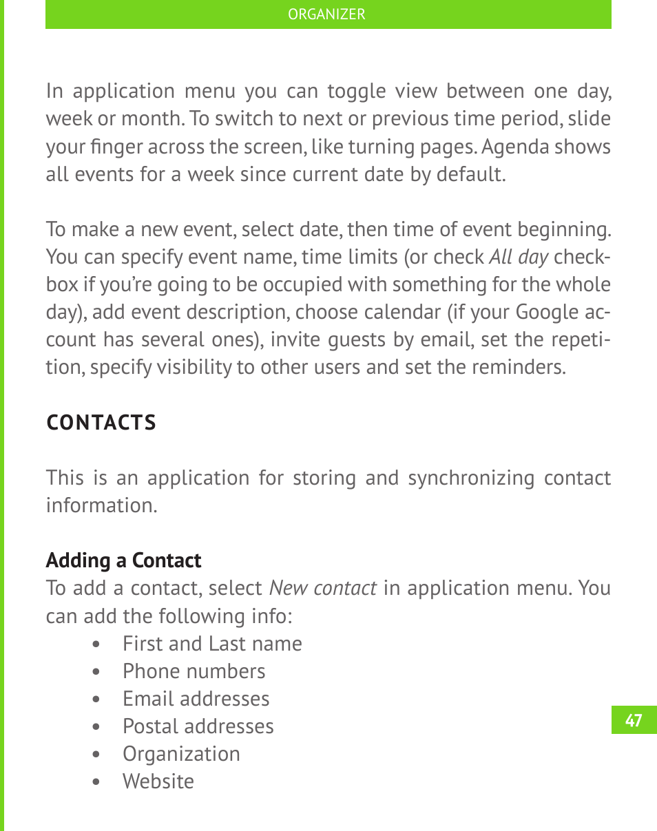 Contacts, Contacts 47 | PocketBook A 10 User Manual | Page 48 / 83