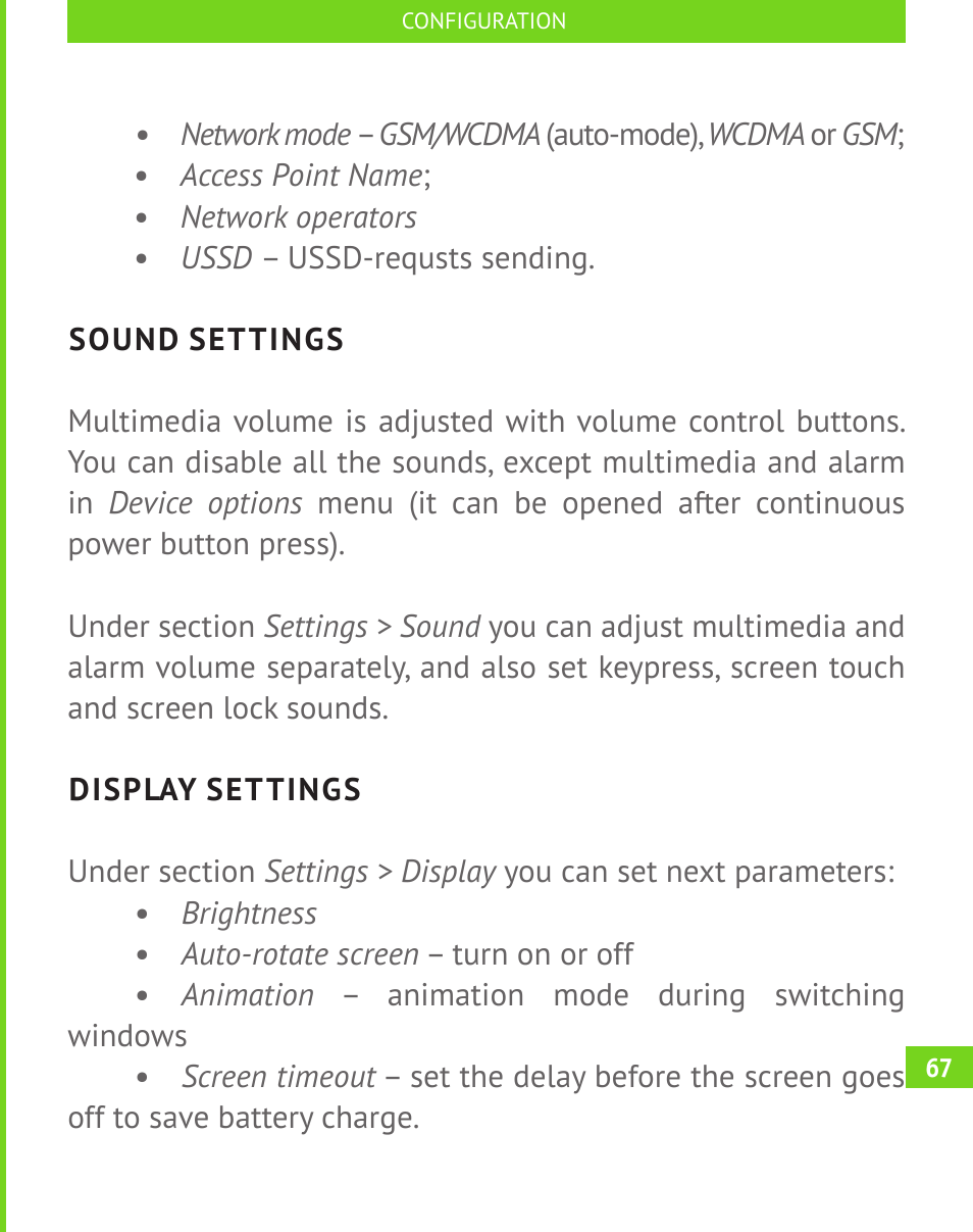 Sound settings, Display settings | PocketBook A 10 User Manual | Page 68 / 83